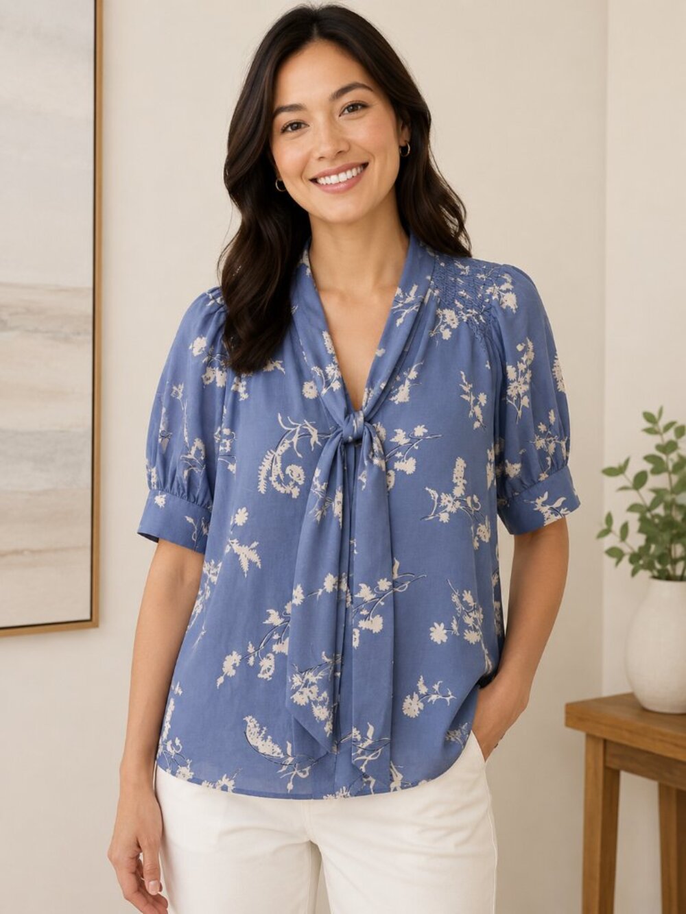 Ann Taylor Blue and White Floral Tie-Neck Blouse